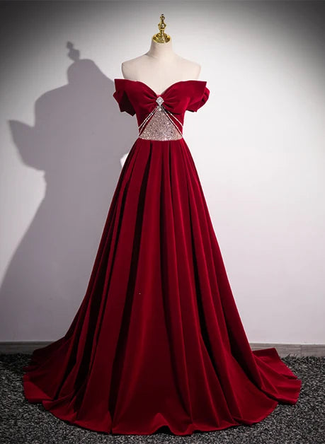 Burgundy Velvet A-Line Off-the-Shoulder Lace-Up Back Floor-Length Dress Front View - Aabei Dress