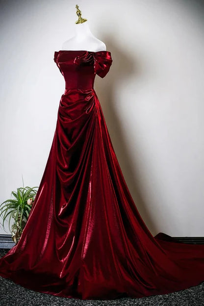 Burgundy Velvet A-Line Off-the-Shoulder Lace-Up Back Floor-Length Dress - Aabei Dress
