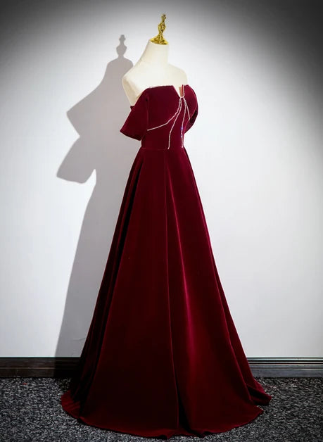 Burgundy Velvet A-Line Off-the-Shoulder Lace-up-back Floor-Length Dress - Aabei Dress