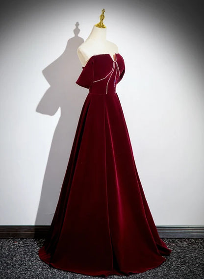 Burgundy Velvet A-Line Off-the-Shoulder Lace-up-back Floor-Length Dress - Aabei Dress