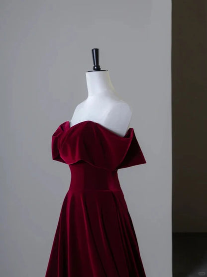 Burgundy Velvet A-Line Off-The-Shoulder Lace-Up Back Floor-Length Dress - Aabei Dress