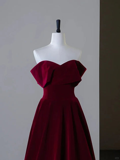 Burgundy Velvet A-Line Off-The-Shoulder Lace-Up Back Floor-Length Dress - Aabei Dress