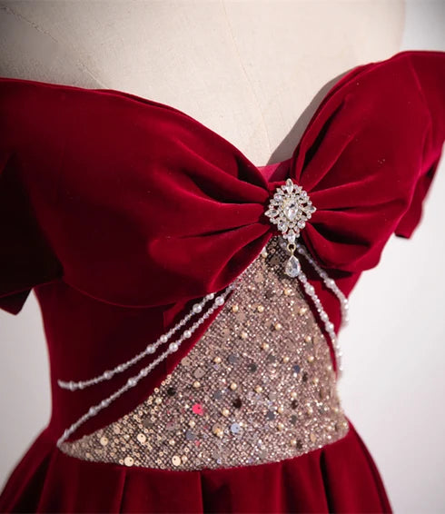 Burgundy Velvet A-Line Off-the-Shoulder Lace-Up Back Floor-Length Dress - Aabei Dress