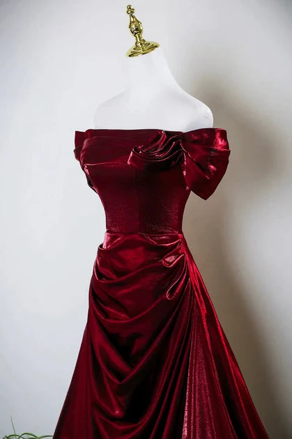 Burgundy Velvet A-Line Off-the-Shoulder Lace-Up Back Floor-Length Dress - Aabei Dress