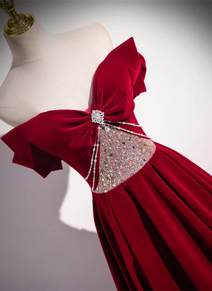 Burgundy Velvet A-Line Off-the-Shoulder Lace-Up Back Floor-Length Dress - Aabei Dress
