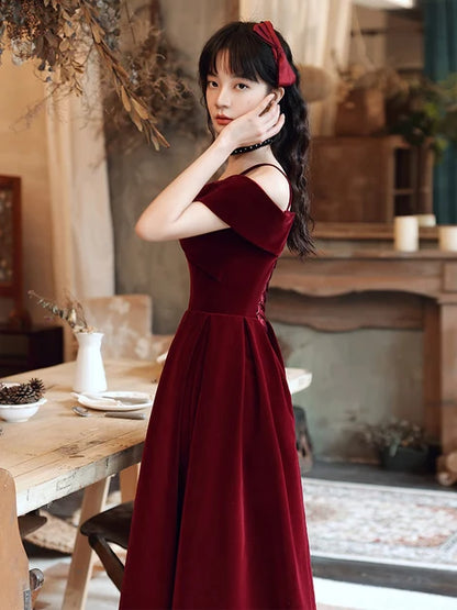 Burgundy Velvet A-Line Off-the-Shoulder Lace-up Floor-Length Dress Back View - Aabei Dress