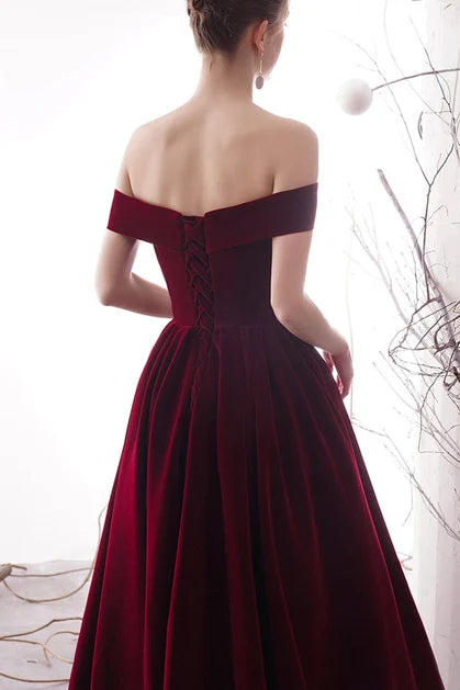 Burgundy Velvet A-Line Off-the-Shoulder Lace-up Floor-Length Dress Back View - Aabei Dress