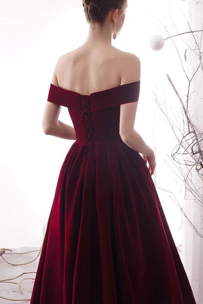 Burgundy Velvet A-Line Off-the-Shoulder Lace-up Floor-Length Dress Back View - Aabei Dress