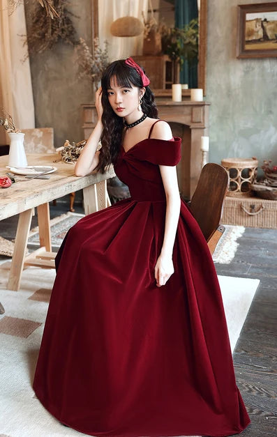 Burgundy Velvet A-Line Off-the-Shoulder Lace-up Floor-Length Dress Front View - Aabei Dress
