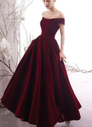 Burgundy Velvet A-Line Off-the-Shoulder Lace-up Floor-Length Dress Front View - Aabei Dress