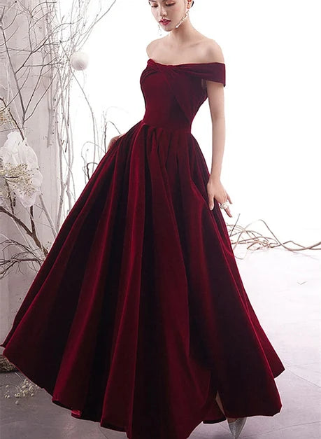 Burgundy Velvet A-Line Off-the-Shoulder Lace-up Floor-Length Dress Front View - Aabei Dress