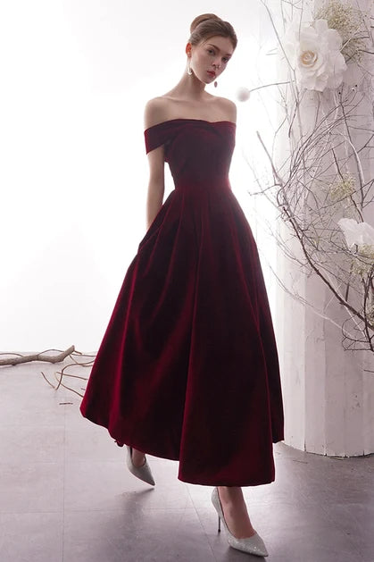 Burgundy Velvet A-Line Off-the-Shoulder Lace-up Floor-Length Dress - Aabei Dress