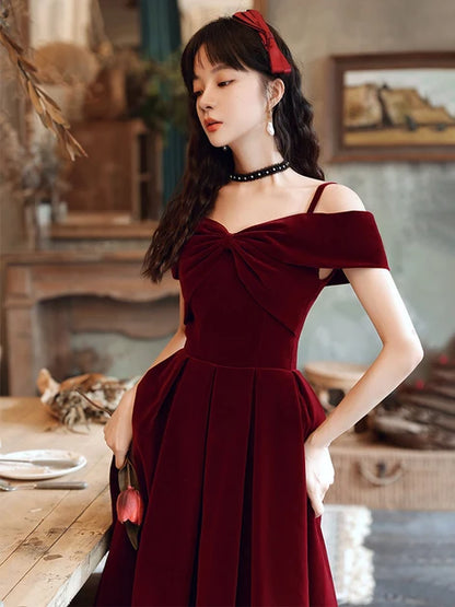 Burgundy Velvet A-Line Off-the-Shoulder Lace-up Floor-Length Dress - Aabei Dress