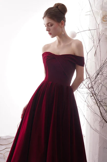 Burgundy Velvet A-Line Off-the-Shoulder Lace-up Floor-Length Dress - Aabei Dress