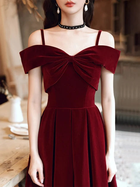 Burgundy Velvet A-Line Off-the-Shoulder Lace-up Floor-Length Dress - Aabei Dress
