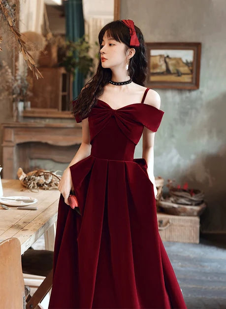 Burgundy Velvet A-Line Off-the-Shoulder Lace-up Floor-Length Dress - Aabei Dress