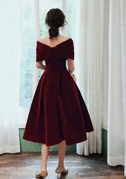 Burgundy Velvet A-Line Off-the-Shoulder Lace-up Tea-Length Dress Back View - Aabei Dress