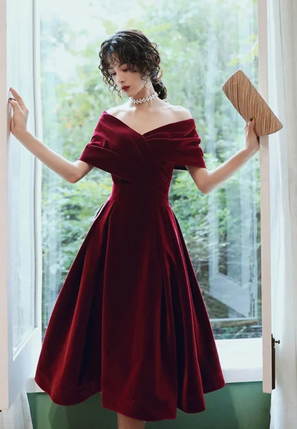 Burgundy Velvet A-Line Off-the-Shoulder Lace-up Tea-Length Dress Front View - Aabei Dress