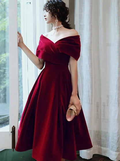 Burgundy Velvet A-Line Off-the-Shoulder Lace-up Tea-Length Dress - Aabei Dress