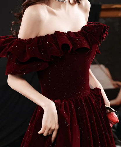 Burgundy Velvet A-Line Off-the-Shoulder zipper-back Floor-Length Dress Front View - Aabei Dress