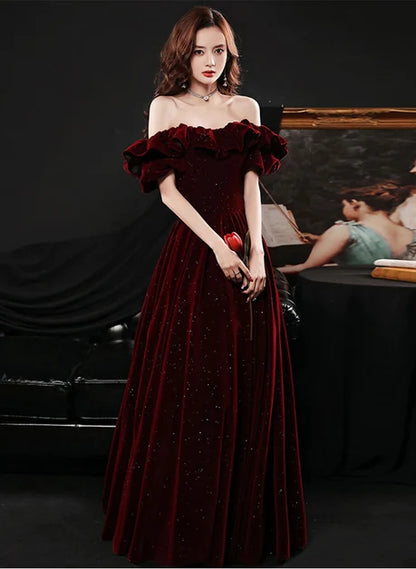 Burgundy Velvet A-Line Off-the-Shoulder zipper-back Floor-Length Dress - Aabei Dress