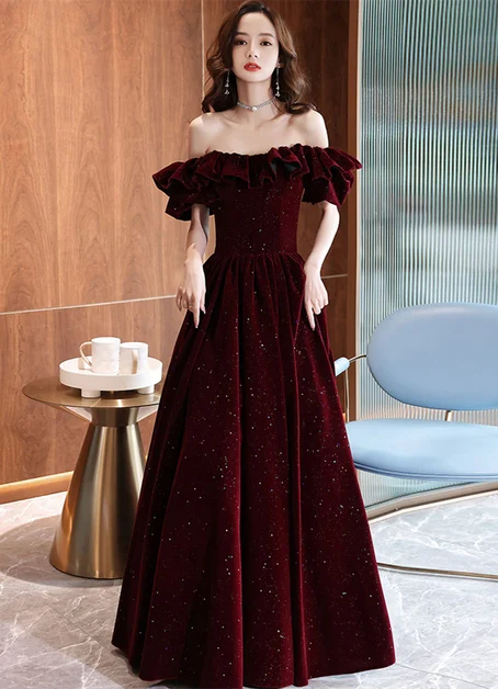 Burgundy Velvet A-Line Off-the-Shoulder zipper-back Floor-Length Dress - Aabei Dress