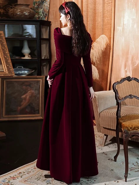 Burgundy Velvet A-Line Square Neck Back Zip Floor-Length Dress Back View - Aabei Dress