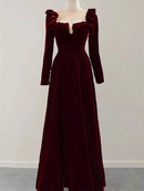 Burgundy Velvet A-Line Square Neck Back Zip Floor-Length Dress Front View - Aabei Dress