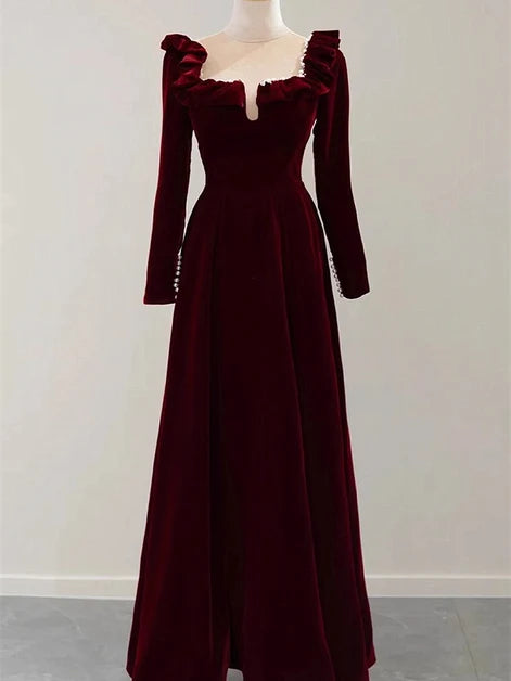 Burgundy Velvet A-Line Square Neck Back Zip Floor-Length Dress Front View - Aabei Dress