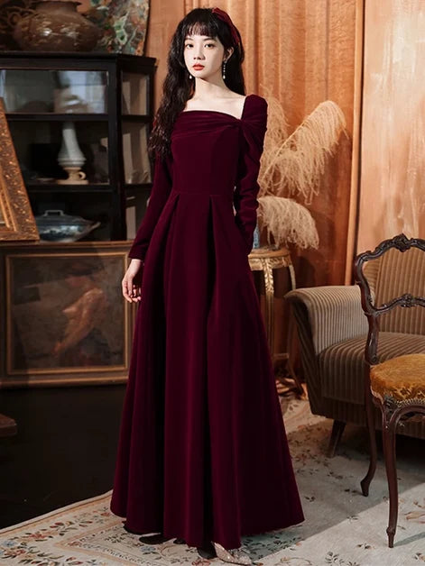 Burgundy Velvet A-Line Square Neck Back Zip Floor-Length Dress Front View - Aabei Dress