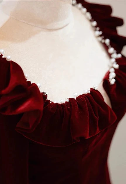 Burgundy Velvet A-Line Square Neck Back Zip Floor-Length Dress - Aabei Dress