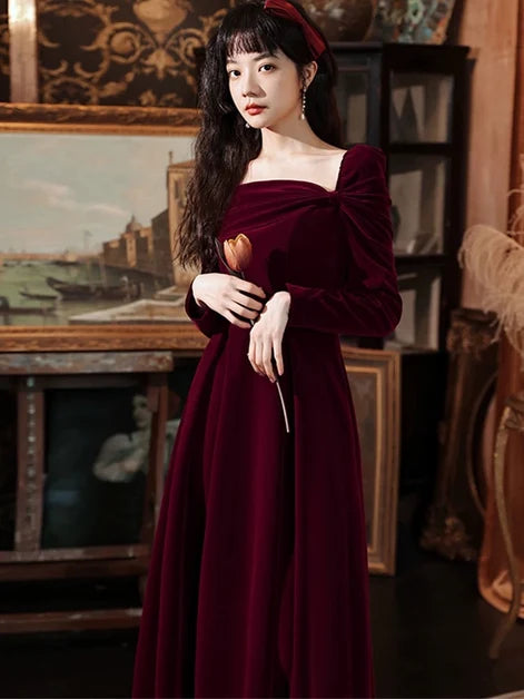 Burgundy Velvet A-Line Square Neck Back Zip Floor-Length Dress - Aabei Dress