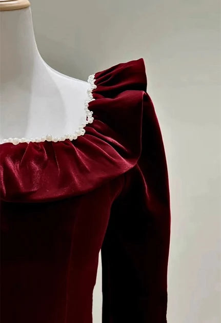Burgundy Velvet A-Line Square Neck Back Zip Floor-Length Dress - Aabei Dress