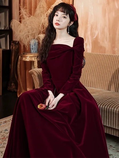 Burgundy Velvet A-Line Square Neck Back Zip Floor-Length Dress - Aabei Dress