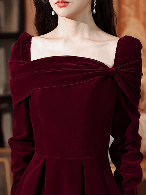 Burgundy Velvet A-Line Square Neck Back Zip Floor-Length Dress - Aabei Dress