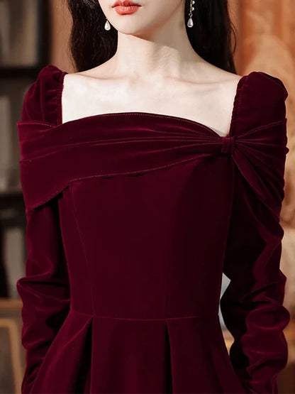 Burgundy Velvet A-Line Square Neck Back Zip Floor-Length Dress - Aabei Dress