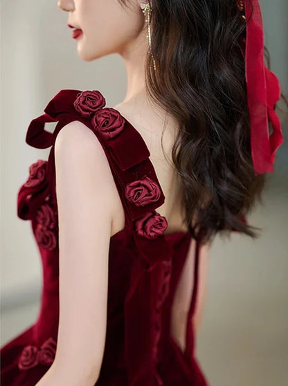 Burgundy Velvet A-Line Square Neck Lace-Up Back Floor-Length Dress Back View - Aabei Dress