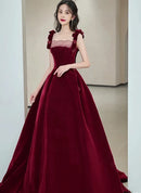 Burgundy Velvet A-Line Square Neck Lace-Up Back Floor-Length Dress Front View - Aabei Dress