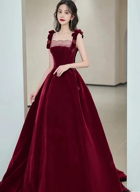 Burgundy Velvet A-Line Square Neck Lace-Up Back Floor-Length Dress Front View - Aabei Dress