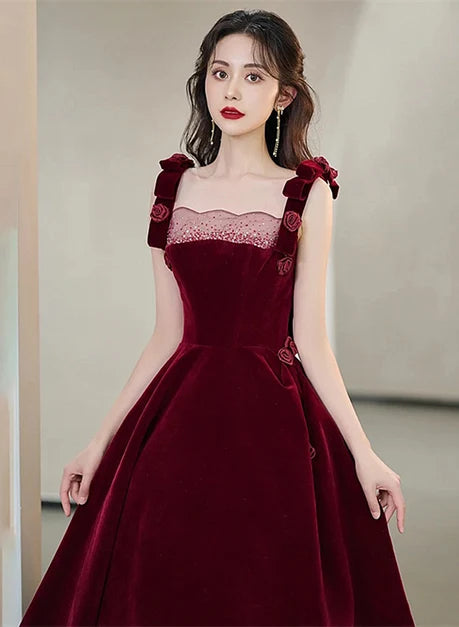 Burgundy Velvet A-Line Square Neck Lace-Up Back Floor-Length Dress - Aabei Dress