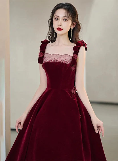 Burgundy Velvet A-Line Square Neck Lace-Up Back Floor-Length Dress - Aabei Dress