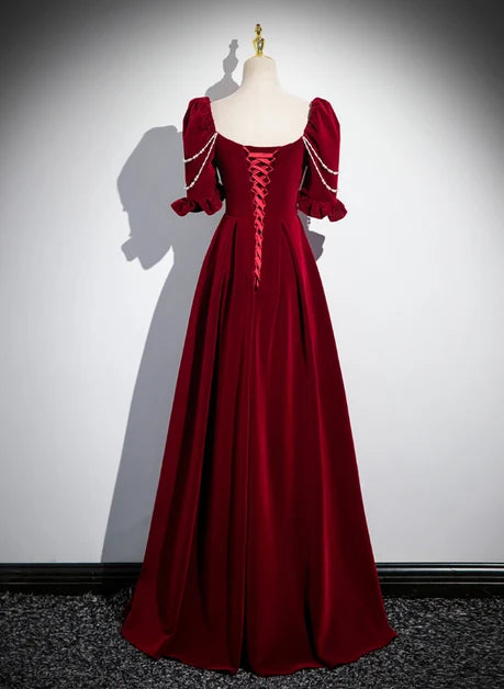 Burgundy Velvet A-Line Square Neck Lace-up Floor-Length Dress Back View - Aabei Dress