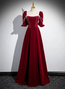 Burgundy Velvet A-Line Square Neck Lace-up Floor-Length Dress Front View - Aabei Dress