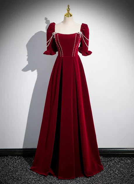Burgundy Velvet A-Line Square Neck Lace-up Floor-Length Dress Front View - Aabei Dress