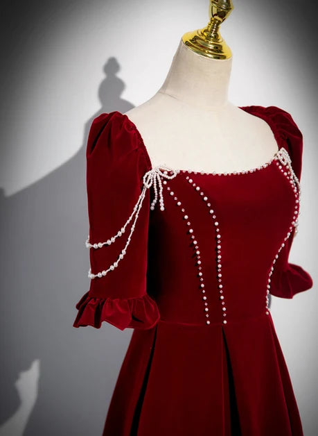Burgundy Velvet A-Line Square Neck Lace-up Floor-Length Dress - Aabei Dress