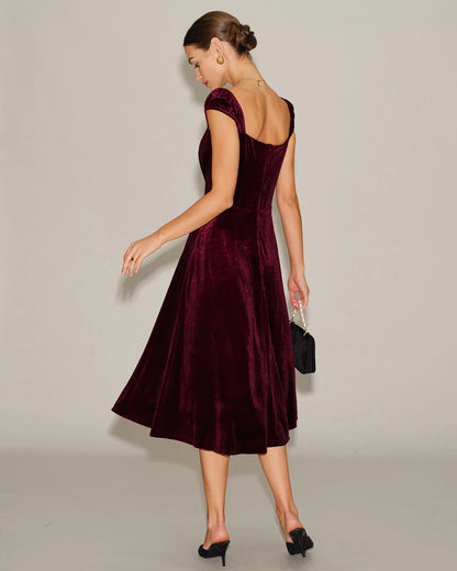 Burgundy Velvet A-Line Square Neck Zipper Back Midi Dress Back View - Aabei Dress