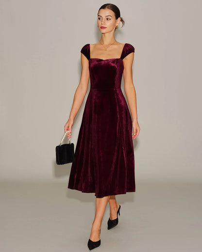 Burgundy Velvet A-Line Square Neck Zipper Back Midi Dress Front View - Aabei Dress