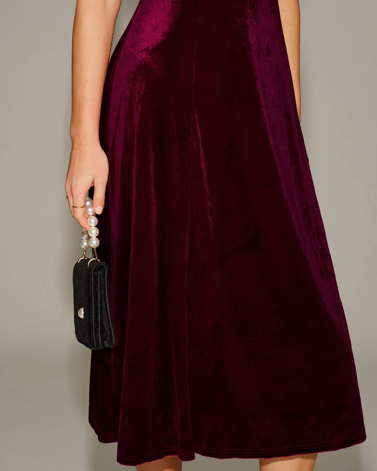 Burgundy Velvet A-Line Square Neck Zipper Back Midi Dress - Aabei Dress