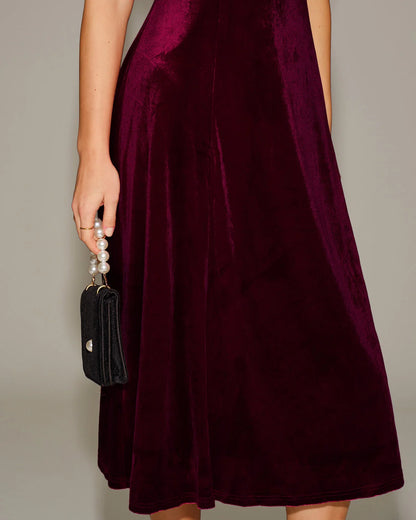 Burgundy Velvet A-Line Square Neck Zipper Back Midi Dress - Aabei Dress