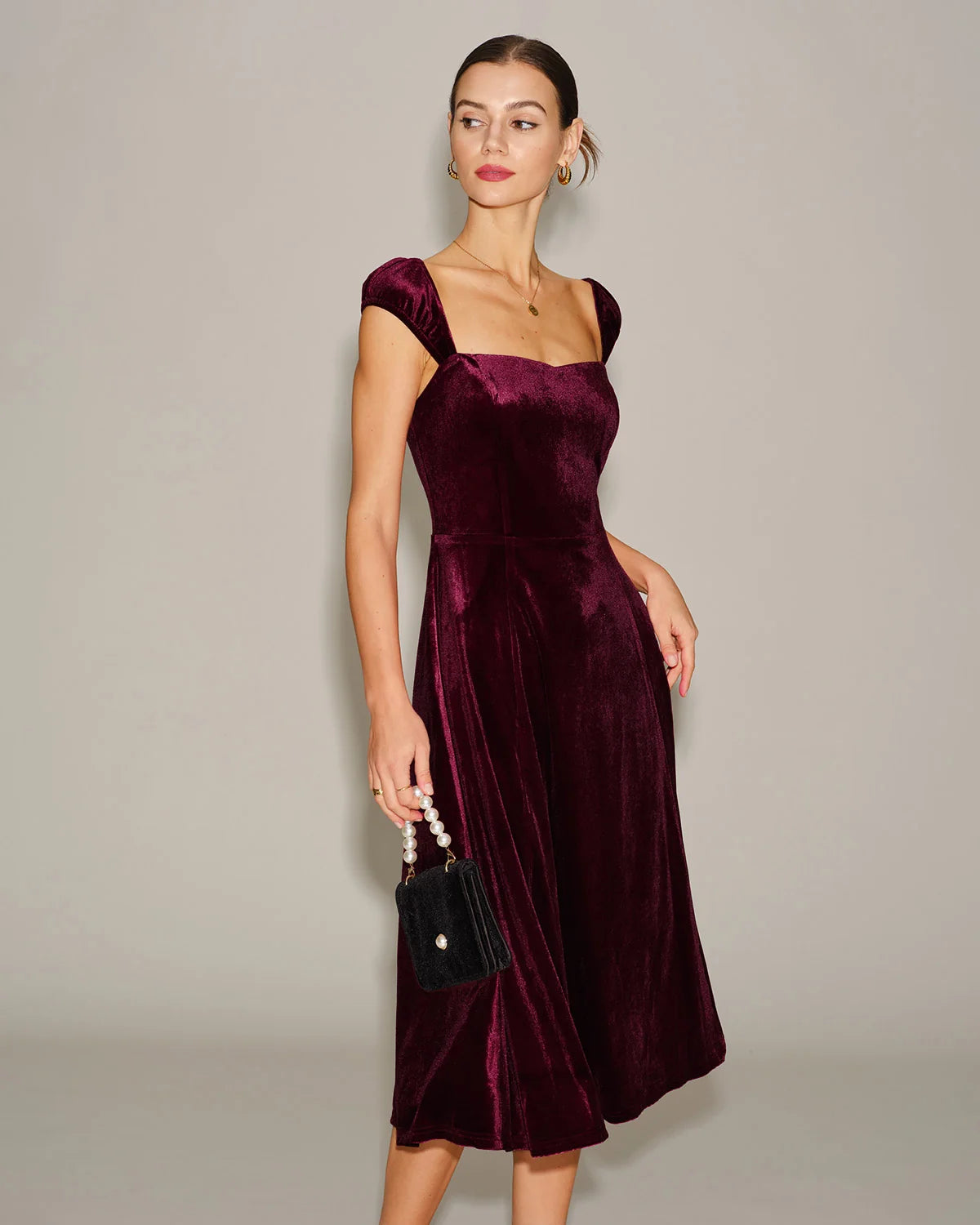 Burgundy Velvet A-Line Square Neck Zipper Back Midi Dress - Aabei Dress